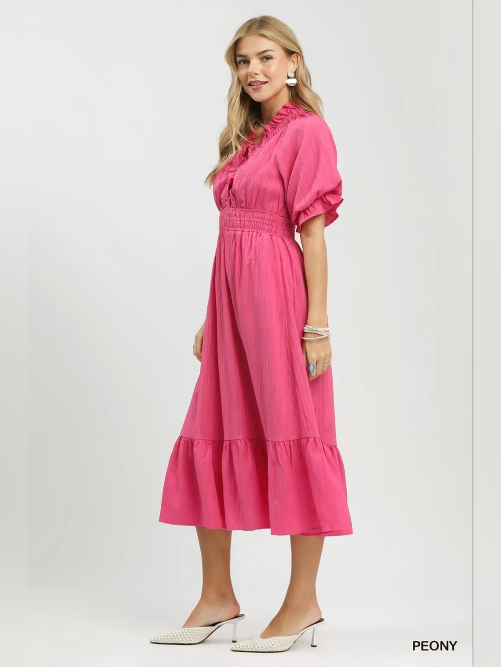 Women's Umgee V-Neck Pink Ruffled Midi Dress - Picture 2 of 7